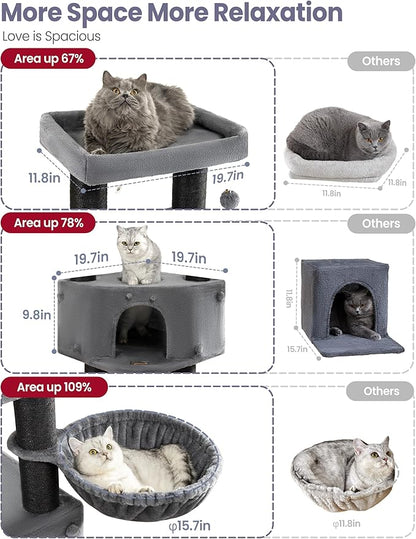 Cat Tree Tower for Large Cats Adult - 60 Inch XXL Sturdy Heavy Duty Extra Wide Scratching Posts (φ4.4in) Condo - Indoor Big Cat House Hammock Perch - XL Wood Multi Level Feline Pet Bed Trees Houses