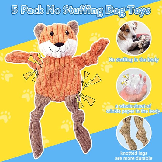 5 Pack Squeaky Dog Toys, No Stuffing Plush Dog Chew Toy Puppy Teething Toys to Keep Them Busy, Chewer Tough Durable Crinkle Interactive Dogs Toy Bundle for Small Medium Large Dogs