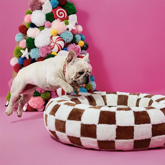 LE SURE Shown on TV Donut Medium Dog Bed - Round Catc Sofa Indoor Anti-Anxiety Calming Bed Gift for Pets, Washable Cute Modern Beds with Jacquard Shaggy Plush & Anti Slip Bottom, 30 Inch, Brwon