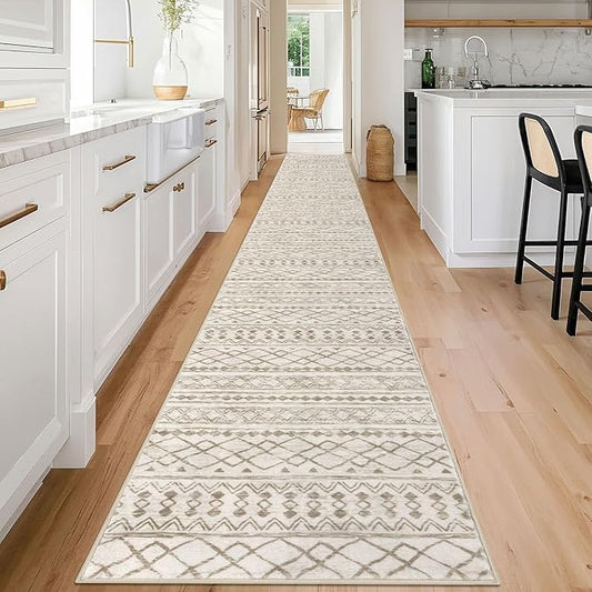 KUTA Long Hallway Runner Rug 2.6x18 Non-Slip Washable, Moroccan Vintage Beige Boho Kitchen Rugs Ultra Soft Distressed Geometric Floor Carpet Runners for Bedroom Laundry Stairway Entryway