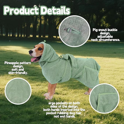 Super Absorbent Dog Bathrobe Pineapple Soft Fast Drying Dogs Towel Robe Adjustable Drying Coat for After Bath with Hood (Pineapple Green, Small)