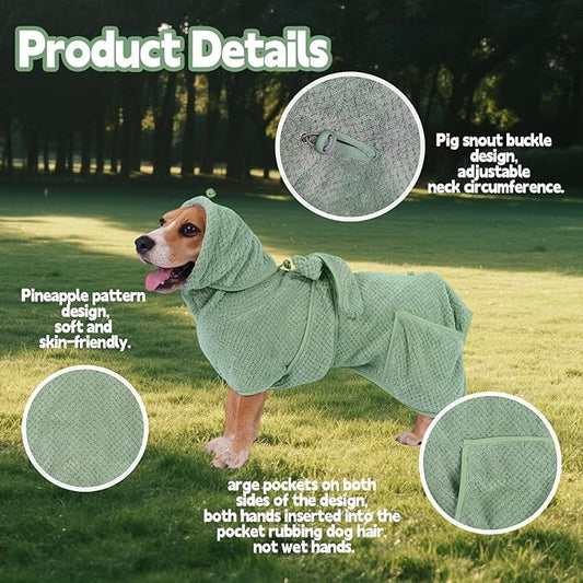 Super Absorbent Dog Bathrobe Pineapple Soft Fast Drying Dogs Towel Robe Adjustable Drying Coat for After Bath with Hood (Pineapple Green, Small)