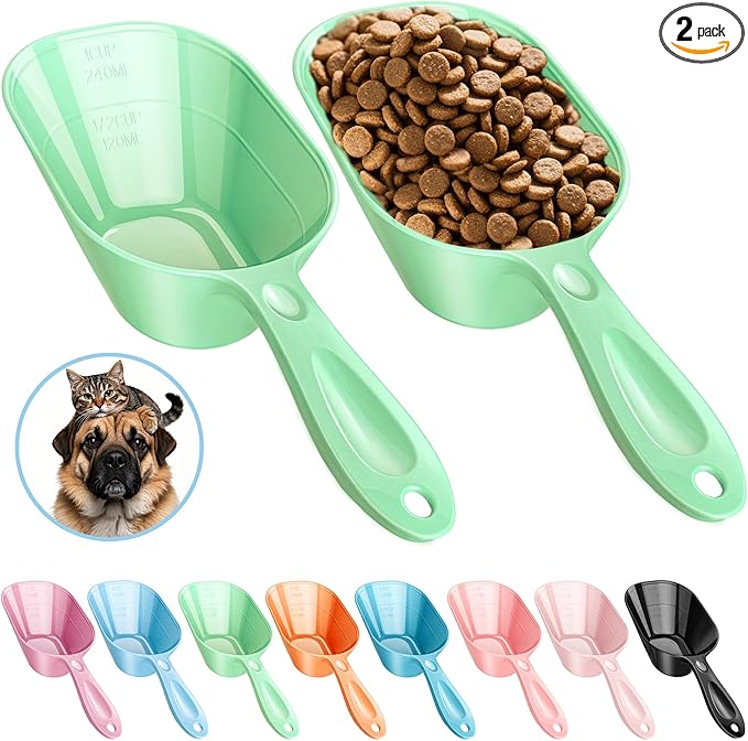Pet Food Scoop 2 Pack, Dog Cup Capacity Cat Food Scooper With Measuring Lines For Dog, Puppy and Cat Coffee Bean, Flour Scoop Light Green