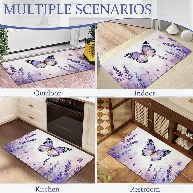 Purple Butterfly Welcome Mat,Watercolor Lavender Indoor Rugs for Entryway,Anti-Slip Low Profile Doormats Porch Mats for Front Door Stairway Rug Living Room Floor Mat 30 x 17 Inch