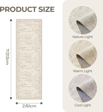 2x7 Runner Rug Non Slip, Thin Entryway Washable Rug for Entryway, Runners for Hallways, Low Pile Vintage Abstract Soft Rugs for Living Room, Kitchen, Bedroom(2'x7', Beige/Ivory)