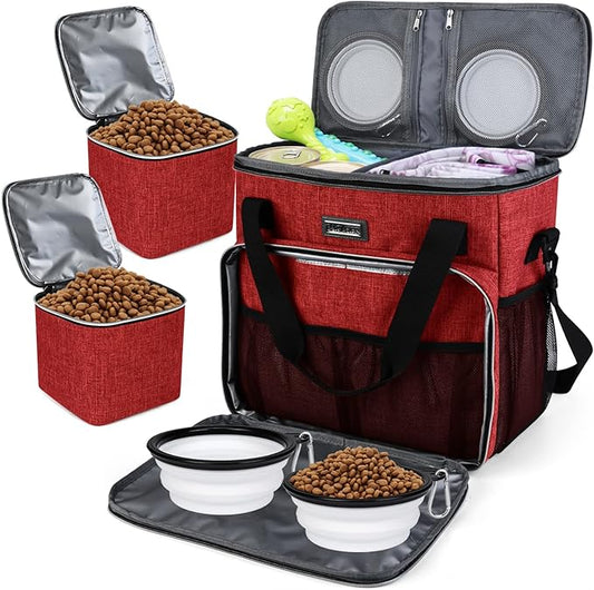 BAGLHER Dog Travel Bag, Pet Travel Bag (ALL Pet Travel Supplies), With 2 Pet Food Containers and 2 Collapsible Silicone Bowls; Essential Kits for Travel Red