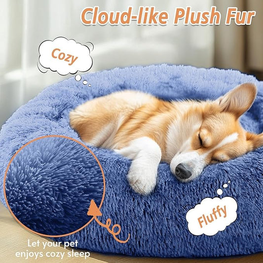 JOLLYVOGUE Calming Dog Beds Large Sized Dog, 36in Donut Washable Large Pet Bed, Anti-Slip & Anti-Anxiety Fluffy Faux Fur Round Dogs Bed, Fits up to 80 lbs Pets (Navy Blue)