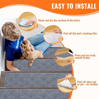 Stair Treads Non-Slip for Wooden Steps, 7Pack - 8" x 30" Edging Stair Runner Indoor for Kids Elders & Pets, Washable Carpet Stair Treads with Peel & Stick Reusable TPE Backing, Grey