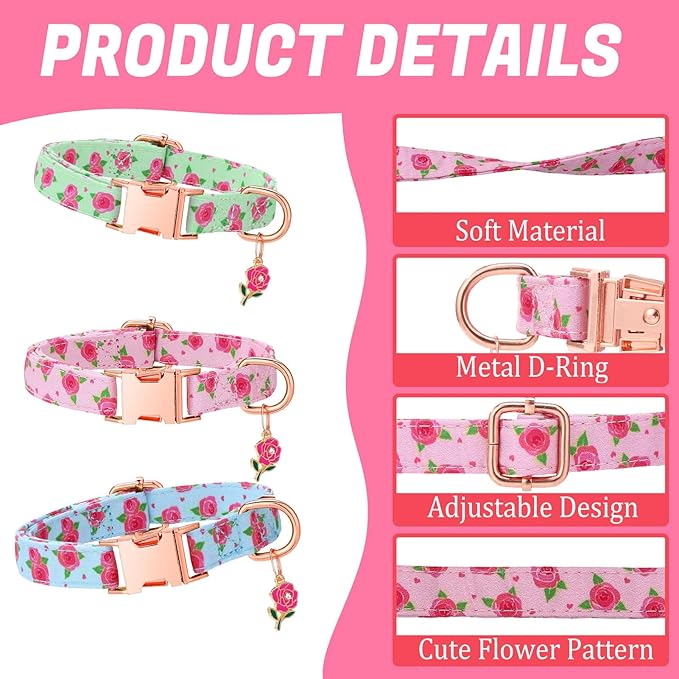 3 Pack Floral Dog Collars for Small Dogs Rose Flower Dog Collars with Pendant for Girl Female Dogs Cute Puppy Pet Collar