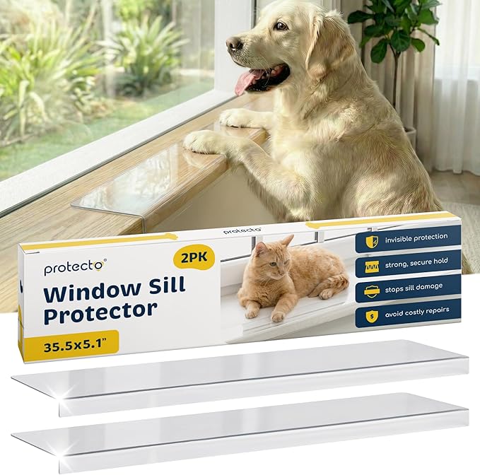 PROTECTO 2-Pack Window Sill Protector from Dogs 35.5 x 5.1 Clear Window Guards from Cats Scratching, Chewing & Clawing | Keep Your Sills Smooth & Paws Safe | Ultra Strong Window Sill Cover Protection