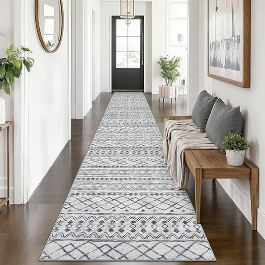 KUTA Long Hallway Runner Rug 2.6x14 Non-Slip Washable, Moroccan Vintage Beige Boho Kitchen Rugs Ultra Soft Distressed Geometric Floor Carpet Runners for Bedroom Laundry Stairway Entryway