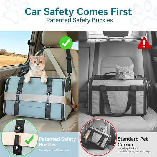 PETSFIT Soft-Sided Cat Carrier with Patented Safety Buckles, Lockable Zippers & Safety Tether,Escape-Resistant Travel Pet Carrier for Car Rides & Vet Visits, Airline Approved Under-Seat, Up to 12 lbs