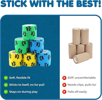 SunGrow Cat Self-Adhesive Bandage, Wound Care, Cuts, Post-Surgery, Hot Spots, 2”(W), Stretchable from 4” to 7”, Breathable Vet Wrap Gauze, 2 Rolls Per Color (Yellow, Blue, Green), 6 Pcs Per Pack 