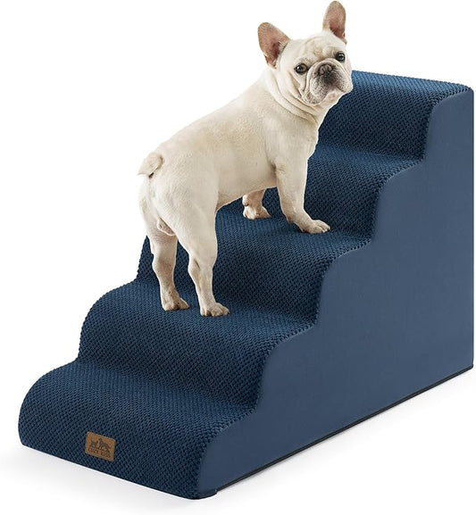 Wide Dog Stairs for Small Dog 22.6" H, Curved Pet Step for Puppy, Older Cat, Curved Ramp for High Bed or Car, Ladder with High Density Foam, Durable, 5 Step, 17.7x33x22.6 inch, Navy Blue