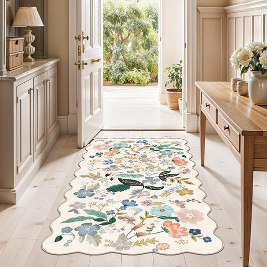 Washable 2x4 Entryway Area Rugs: Vintage Water Resistant Kitchen Rug Non-Slip Durable Doormat Ultra Soft Living Room Bedroom Carpet Indoor Low Pile Floor Mat for Bathroom Dining Room(2x4,Cream)