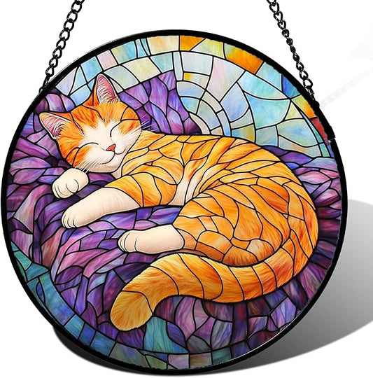 Stained Glass Window Hanging Sleeping Orange Cat 9.8" - Memorial Gift Suncatcher Door Sun Catcher Decor Birthday Christmas for Lost Pets Mom Men Woman Friend