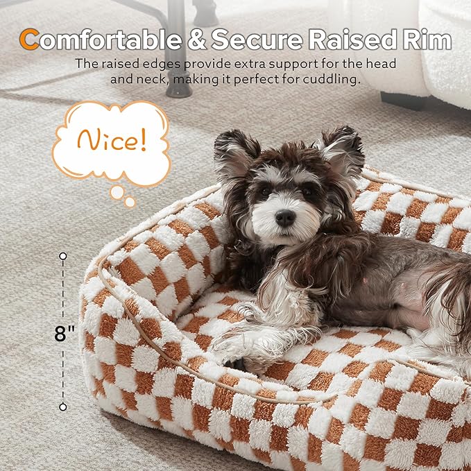 JOEJOY Dog Bed for Large Medium Small Dogs - Rectangle Orthopedic Dog Sofa Bed, Cute Modern Puppy Bed with Jacquard Shaggy Plush & Anti Slip Bottom, 30x24x9inches, Brown