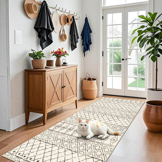 4x8 Rug Runner Machine Washable: Moroccan Hallway Runners - Non Slip Low Pile Soft Pets Friendly Rugs - Indoor Carpet for Kitchen Bedroom Entryway Laundry 4x8 Geo Beige