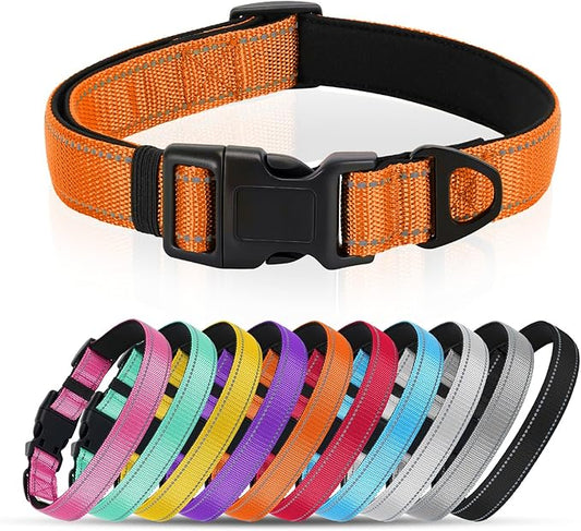 Reflective Dog Collar with Quick Release Buckle - Metal Ring - Adjustable Soft Neoprene Padded Basic Dog Collar for Small Medium Large Dogs (Orange, Medium :Width 1",Neck 13.8-19.6")