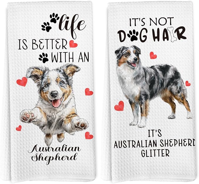Australian Shepherd Gifts Kitchen Towels Set of 2, Funny Dog Hand Towels for Kitchen Bathroom Decor, for Women Dog Lovers Moms Owners Dishcloths Dish Towel 16X24 Inches