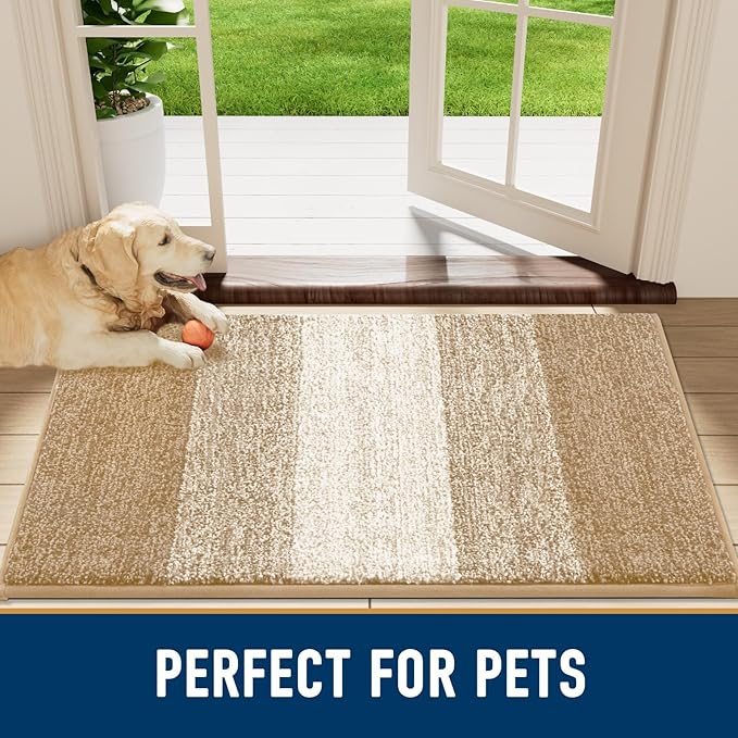 Smiry Dog Door Mat for Muddy Paws, Absorbs Moisture and Dirt, Low-Profile Entryway Mat with Non-Slip Backing, Entry Indoor Outdoor Doormat for Inside Floor (47x24 Inches, Beige, Striped)