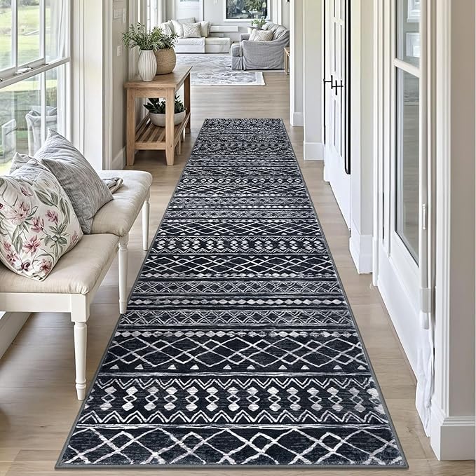 KUTA Moroccan Boho Runner Rug 2.6x10 Non-Slip Vintage Black Washable Hallway Kitchen Rugs Ultra Soft Distressed Geometric Floor Carpet Runners for Bedroom Laundry Living Room