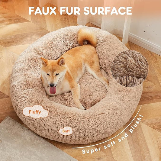 Sweetcrispy Donut Dog Bed, Large Round Calming Cat Bed with Washable Waterproof Cushion, Anti-Anxiety & Anti-Slip Fluffy Cuddle Cozy Faux Fur Plush for Pet Puppy Indoor Sleeping (30.7"x30.7", Brown)