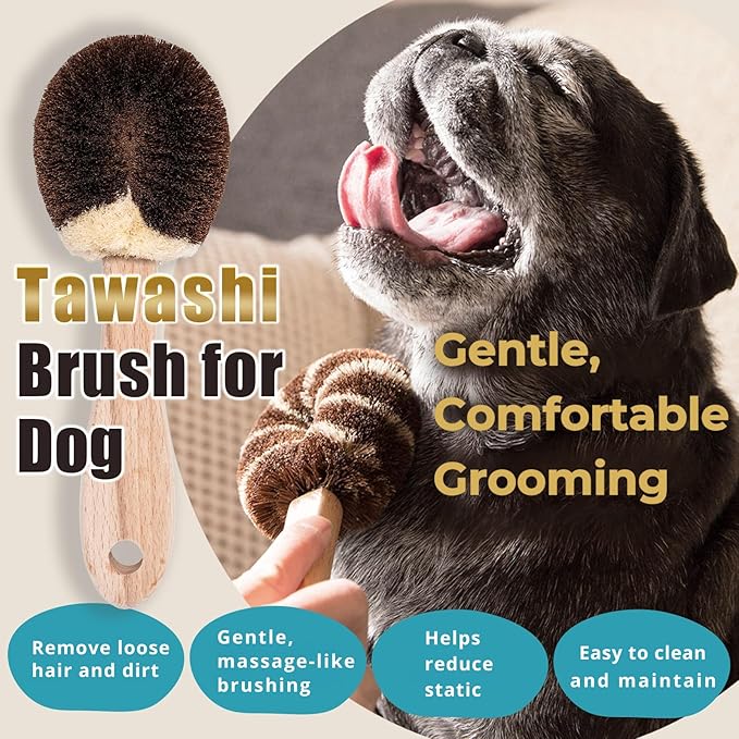 Natural Tawashi Dog Grooming & Massage Brush – Made in Japan, Gentle Palm Fiber Brush for Dogs, Relaxing Skin Stimulation, Low Static, Wooden Handle, Daily Dog Care Tool (Small Dog A)