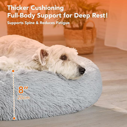 Deconovo Calming Donut Dog Bed, Washable Plush Round Pet Bed for Small Dogs & Cats with Raised Rim, Non-Slip Base and Soft Faux Fur—Lightweight, Easy-Care Design Light Grey 25" L x 25" W x 8" Th