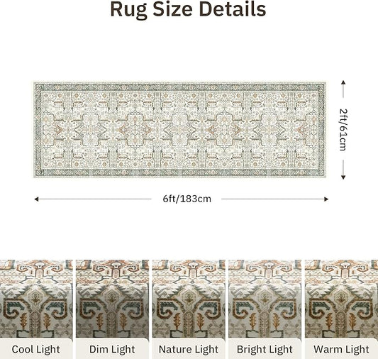 2x6 Hallway Washable Runner Rug - Soft Non Slip Vintage Rugs for Entryway Low-Pile Farmhouse Neutral Kitchen Runners Living Room Floor Mat Stain Resistant Distressed Carpet for Bedroom Bathroom Green