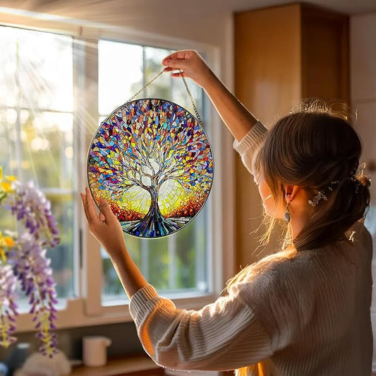 Stained Glass Window Hanging, 8 in Tree of Life Sun Catchers Indoor Window, Stained Glass Suncatcher, Gifts for Women, Her, Wife, Friend and Mom for Mother's Day, Christmas, Birthday
