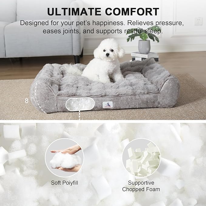 Dog Bed with Shredded Foam Filling, 35" * 25" Calming Pet Sofa with Removable Washable Cover, Soft Faux Fur Bolster Couch for Dogs, Anti-Slip Bottom (Gray, Small)