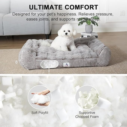 Dog Bed with Shredded Foam Filling, 35" * 25" Calming Pet Sofa with Removable Washable Cover, Soft Faux Fur Bolster Couch for Dogs, Anti-Slip Bottom (Gray, Small)