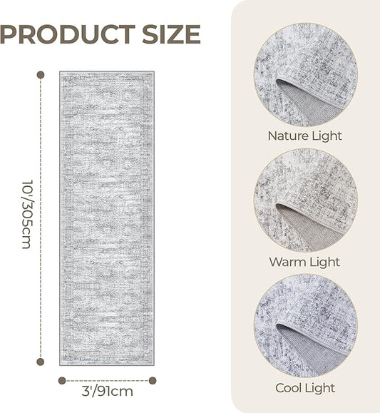 3x10 Runner Rug Non Slip Washable for Entryway, Vintage Hallway Runner for Front Porch, Laundry Room, Bedroom, Abstract Stain Resistant Thin Indoor Kitchen Mats for Floor(3'x10', Grey/Ivory)