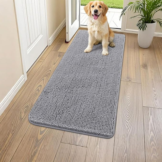 Smiry Dog Door Mat for Muddy Paws 47x20, Absorbs Moisture and Dirt Doormat, Non-Slip Washable Quick Dry Chenille Front Door Mat Indoor Entrance, Entryway Carpet for Inside Floor, Grey