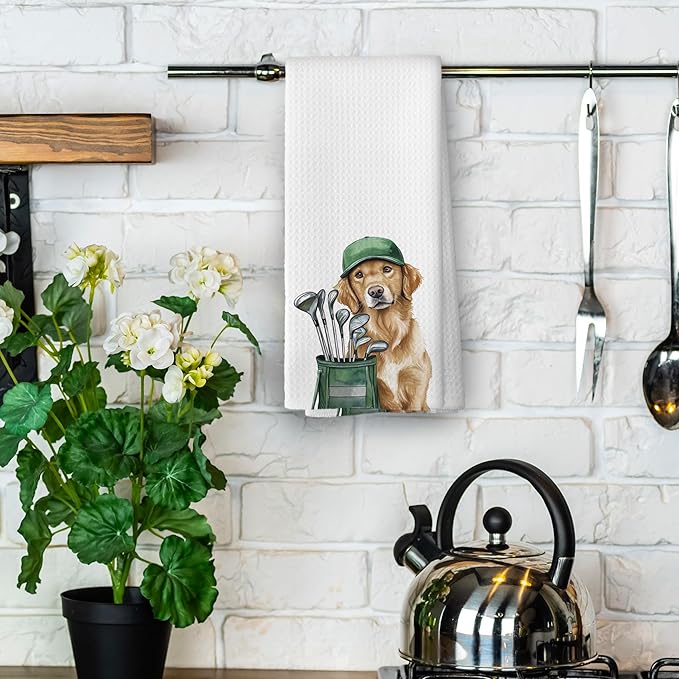 Golf Dog Kitchen Towels - Golden Retriever Dish Towels, Sports Gifts, Pet Golf Club Decorative Absorbent Dishcloths Hand Towels for Spa Gym Kitchen Decor 16x24 Inches