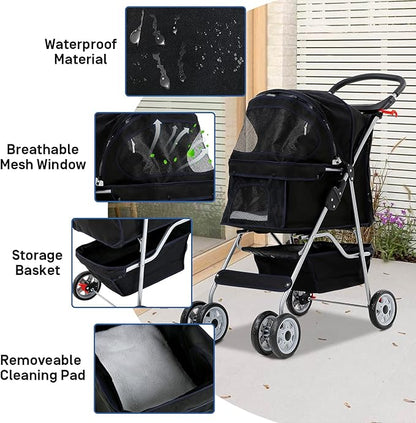 Best 4 Wheels Pet Stroller for Dog & Cat, Lightweight and Foldable Dog Jogger Stroller W/Cup Holders for Small & Medium Pets - Black