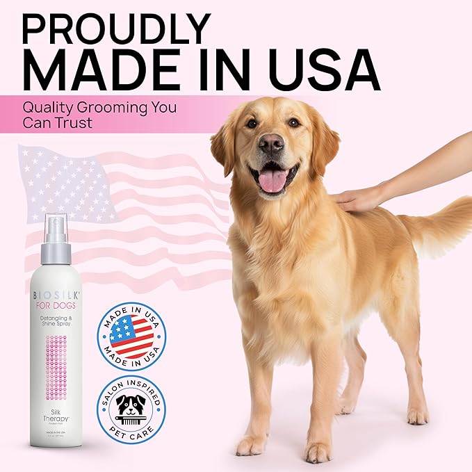 BioSilk for Dogs Detangling Spray with Shine Support, Lightweight Leave In Grooming Mist that Helps Smooth Coats, Detangle, and Add Shine Without Buildup, 8 Fl Oz