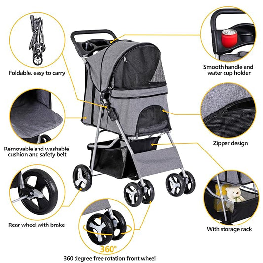 4 Wheels Dog Stroller Folding Pet Strolling Cart for Small Medium Cats Puppies Portable Jogger Travel Camping Puppy Carrier with Storage Basket Cup Holder, Gray