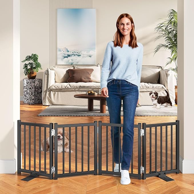 Snughome Short Dog Gate Indoor, 16" High Freestanding Small Dog Door Gates with Support Feet, Expands Up to 48’’ Wide Foldable Pet Gate for Doorway, 4 Panel Folding Pet Door Pet Fence for Puppy, Black