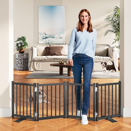 Snughome Short Dog Gate Indoor, 16" High Freestanding Small Dog Door Gates with Support Feet, Expands Up to 48’’ Wide Foldable Pet Gate for Doorway, 4 Panel Folding Pet Door Pet Fence for Puppy, Black