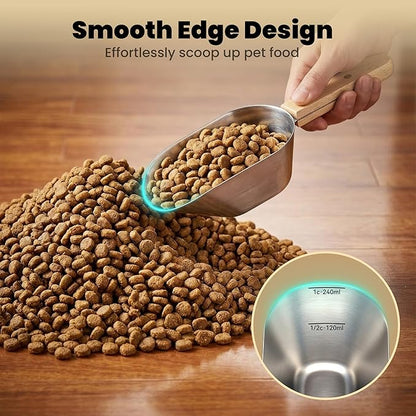 Dog Food Scoop 1 Cup,304 Stainless Steel Cat Food Scoop with Long Wooden Handle,Dog Food Measuring Cup with Precision Scale for Pet Food Rice Flour