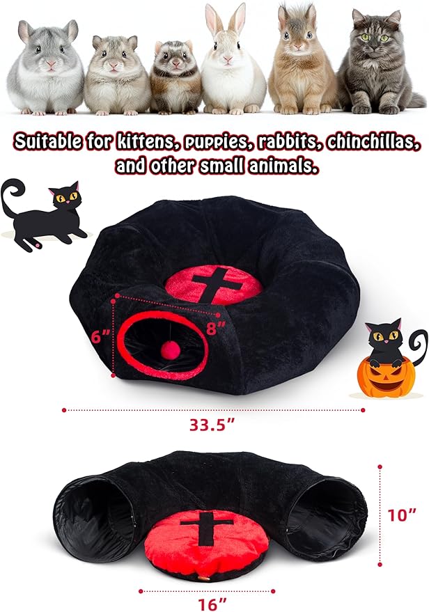 Gothic Cat Bed, Coffin Cat Tunnel House with Washable Cushion, Fits Indoor Cats up to 25 lbs, Cute Peekaboo Cave Pet Bed for Kittens, Rabbits, Halloween Goth Design, Black Red