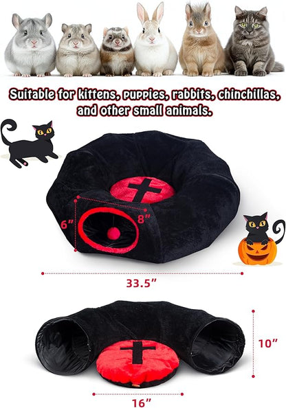 Gothic Cat Bed, Coffin Cat Tunnel House with Washable Cushion, Fits Indoor Cats up to 25 lbs, Cute Peekaboo Cave Pet Bed for Kittens, Rabbits, Halloween Goth Design, Black Red