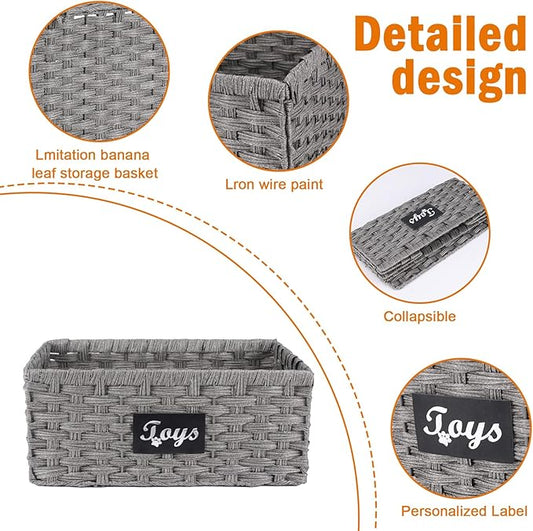 Geyecete dog toy basket Foldable Pet Toy Storage Box, Gray square Seagrass & Iron Wire Design for Organized pet toy bin basket Wicker dog toy box
