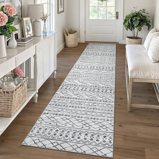 KUTA Moroccan Washable Runner Rug, 2x10 Non-Slip Vintage Grey Boho Hallway Kitchen Runners Ultra Soft Distressed Geometric Floor Carpet Rugs for Bedroom Laundry Living Room