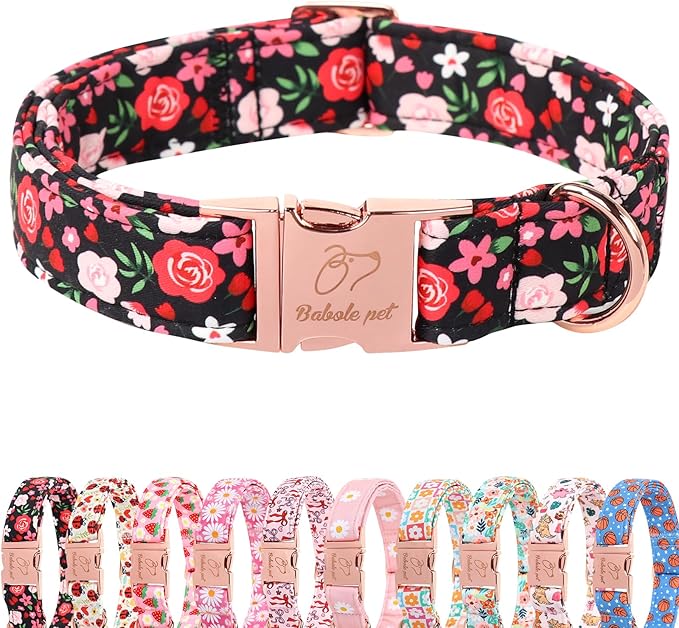Floral Dog Collar - Rose Red Wild Flowers Pattern Cute Puppy Collar, Adjustable Winter Holiday Metal Buckle Dog Collars for Small Medium Large Dogs M