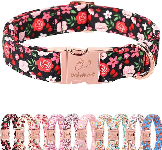 Floral Dog Collar - Rose Red Wild Flowers Pattern Cute Puppy Collar, Adjustable Winter Holiday Metal Buckle Dog Collars for Small Medium Large Dogs M