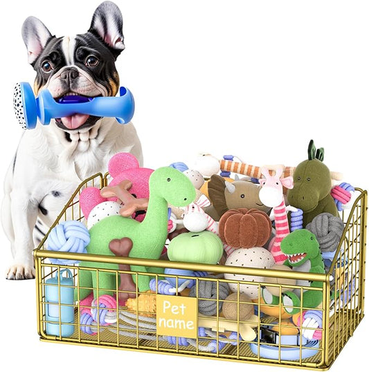 Indestructible Dog Toy basket, Medium Toy Box for Dogs,Pet Toy Bin Dog Metal Basket for Toys, Toy Storage Organizer, Toy Box for Living Room Area (Gold)