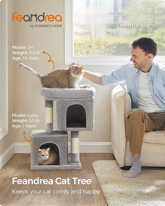 Feandrea Cat Tree, 26.4-Inch Cat Tower, Plush Condo for Kittens up to 7 lb, Large Perch, 2 Caves, Scratching Post, Light Gray UPCT611W01